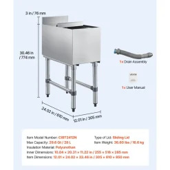 VEVOR Commercial Ice Bin, 39.6 Qt Max Capacity, 12 x 24 x 33 Inch Stainless Steel Ice Chest with Sliding Lid, 24H Long-Lasting Insulation, Cooler Cart Cocktail Unit for Bar Restaurant Pub, NSF