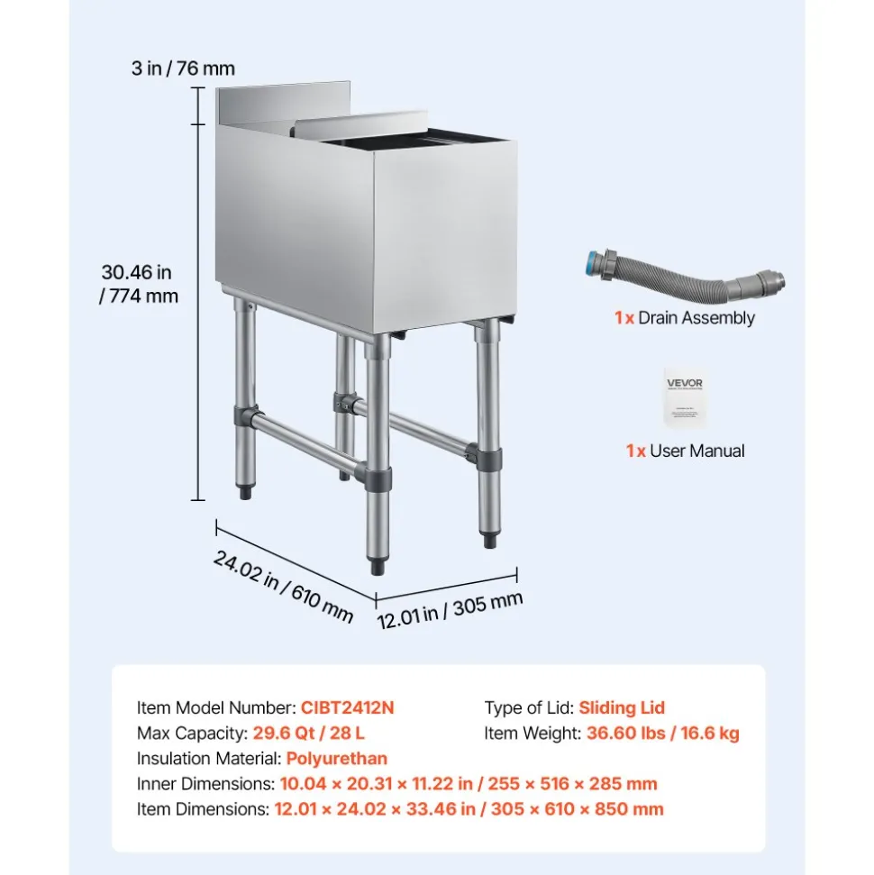 VEVOR Commercial Ice Bin, 39.6 Qt Max Capacity, 12 x 24 x 33 Inch Stainless Steel Ice Chest with Sliding Lid, 24H Long-Lasting Insulation, Cooler Cart Cocktail Unit for Bar Restaurant Pub, NSF