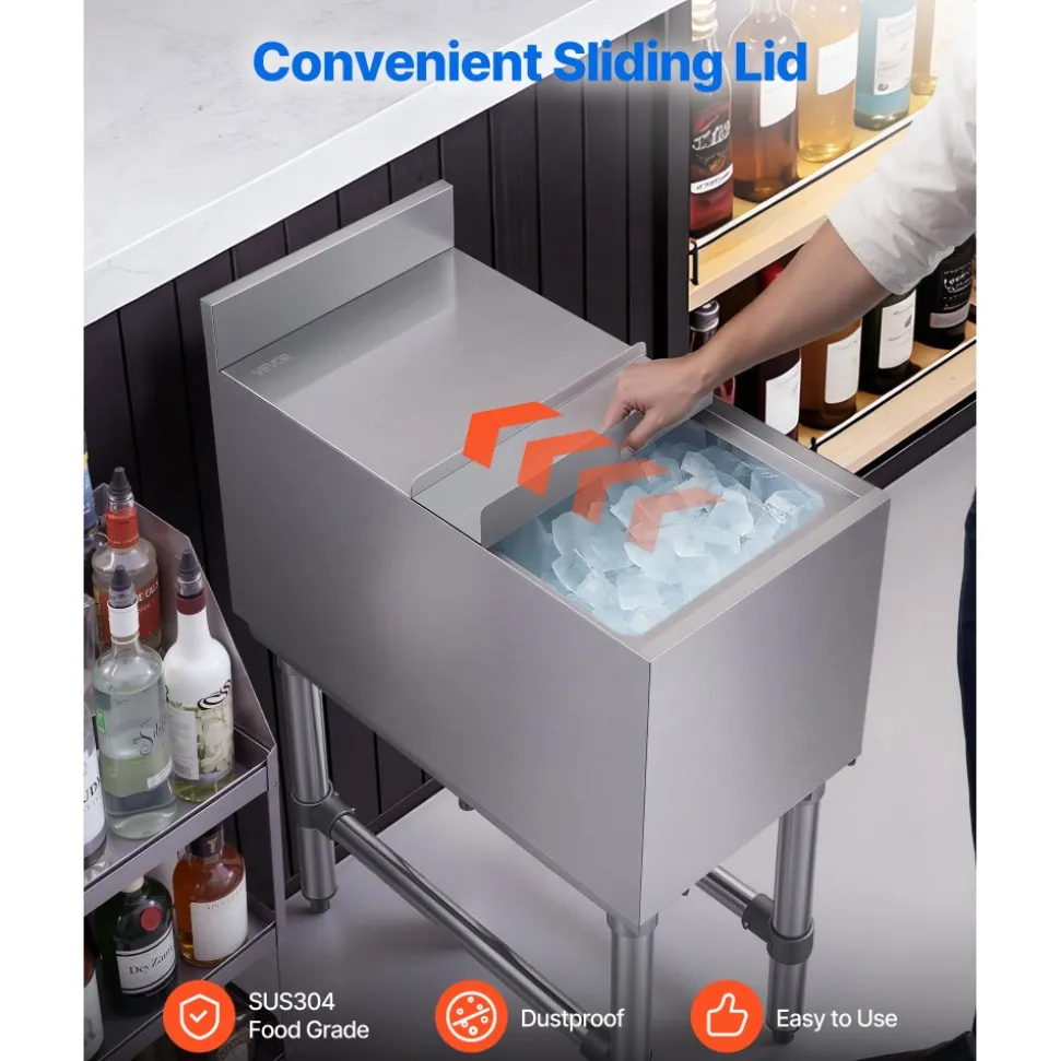 VEVOR Commercial Ice Bin, 39.6 Qt Max Capacity, 12 x 24 x 33 Inch Stainless Steel Ice Chest with Sliding Lid, 24H Long-Lasting Insulation, Cooler Cart Cocktail Unit for Bar Restaurant Pub, NSF