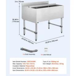 VEVOR Commercial Ice Bin, 134.7 Qt Max Capacity, 36 x 24 x 33 Inch Stainless Steel Ice Chest with Sliding Lid, 24H Long-Lasting Insulation, Cooler Cart Cocktail Unit for Bar Restaurant Pub, NSF