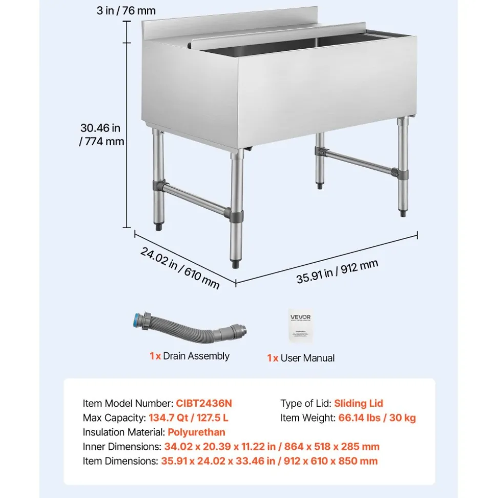 VEVOR Commercial Ice Bin, 134.7 Qt Max Capacity, 36 x 24 x 33 Inch Stainless Steel Ice Chest with Sliding Lid, 24H Long-Lasting Insulation, Cooler Cart Cocktail Unit for Bar Restaurant Pub, NSF