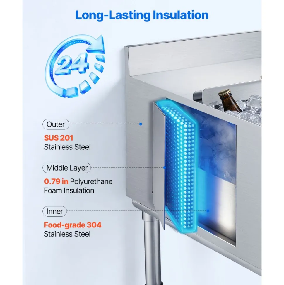 VEVOR Commercial Ice Bin, 134.7 Qt Max Capacity, 36 x 24 x 33 Inch Stainless Steel Ice Chest with Sliding Lid, 24H Long-Lasting Insulation, Cooler Cart Cocktail Unit for Bar Restaurant Pub, NSF
