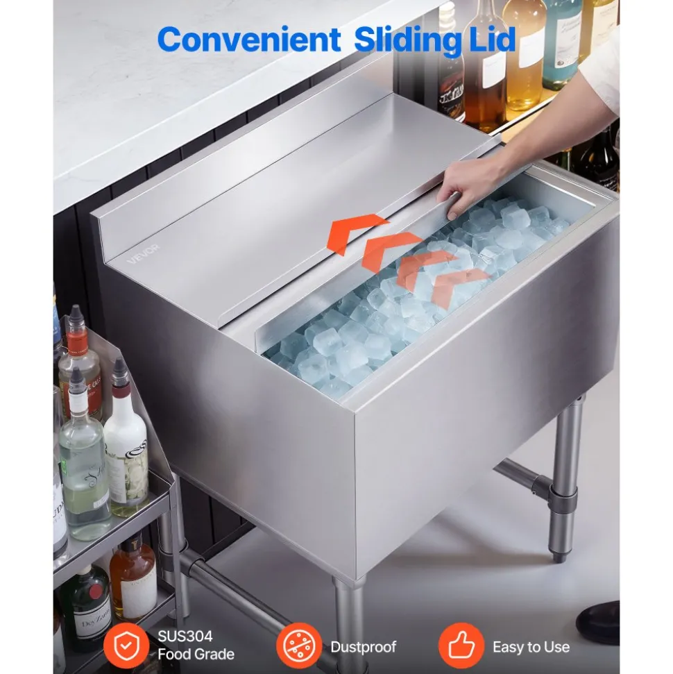 VEVOR Commercial Ice Bin, 65.1 Qt Max Capacity, 24 x 19 x 33 Inch Stainless Steel Ice Chest with Sliding Lid and Bottle Holders, Cooler Cart Cocktail Unit for Bar Restaurant Pub, NSF Certified