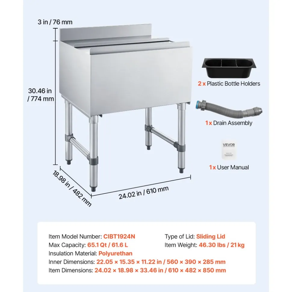 VEVOR Commercial Ice Bin, 65.1 Qt Max Capacity, 24 x 19 x 33 Inch Stainless Steel Ice Chest with Sliding Lid and Bottle Holders, Cooler Cart Cocktail Unit for Bar Restaurant Pub, NSF Certified