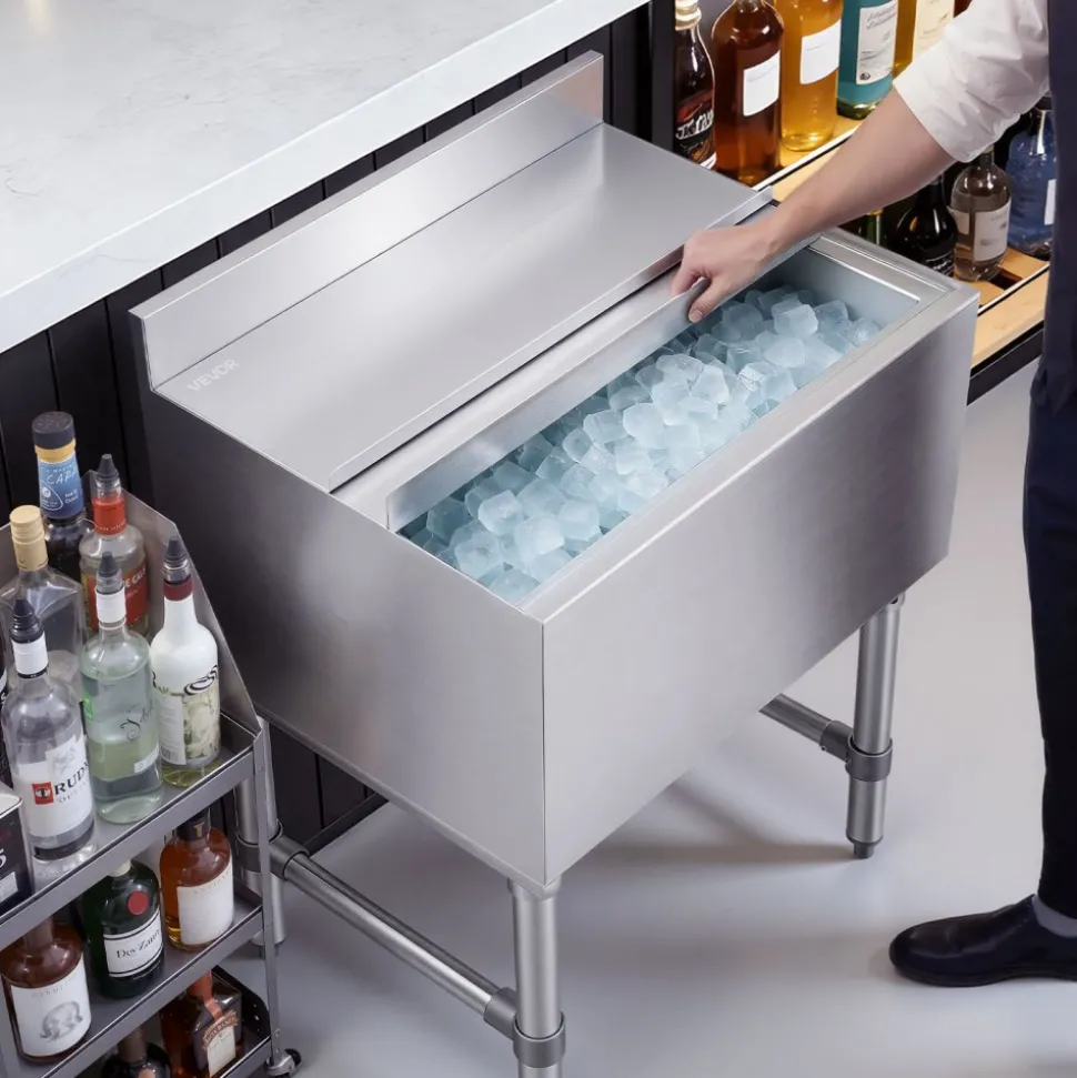 VEVOR Commercial Ice Bin, 65.1 Qt Max Capacity, 24 x 19 x 33 Inch Stainless Steel Ice Chest with Sliding Lid and Bottle Holders, Cooler Cart Cocktail Unit for Bar Restaurant Pub, NSF Certified