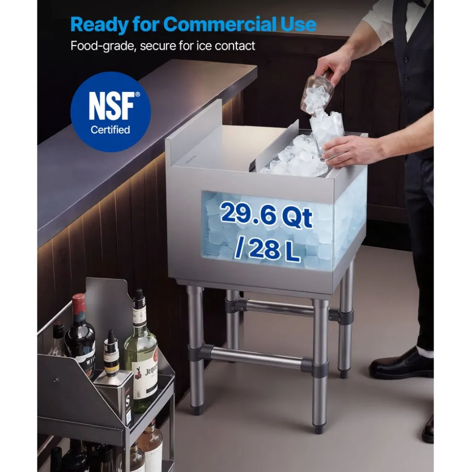 VEVOR Commercial Ice Bin, 29.6 Qt Max Capacity, 12 x 19 x 33 Inch Stainless Steel Ice Chest with Sliding Lid and Bottle Holders, Cooler Cart Cocktail Unit for Bar Restaurant Pub, NSF Certified