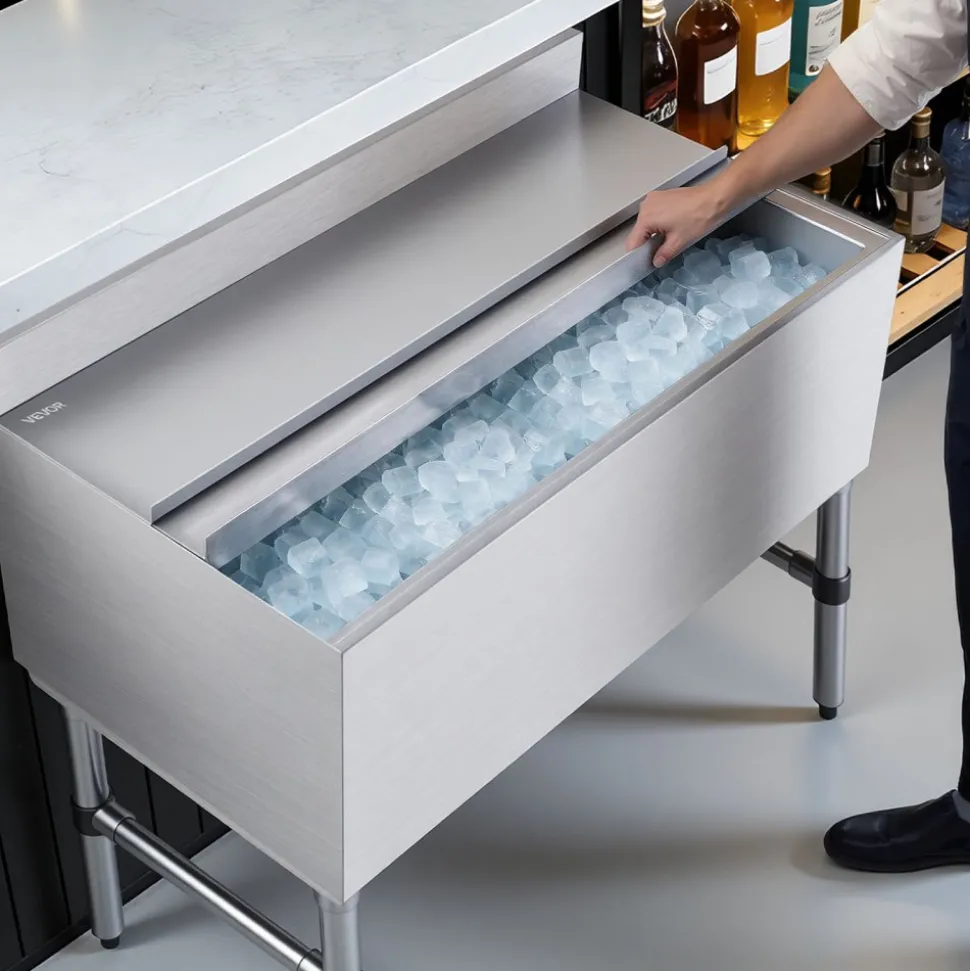VEVOR Commercial Ice Bin, 100.7 Qt Max Capacity, 36 x 19 x 33 Inch Stainless Steel Ice Chest with Sliding Lid and Bottle Holders, Cooler Cart Cocktail Unit for Bar Restaurant Pub, NSF Certified