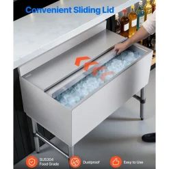 VEVOR Commercial Ice Bin, 100.7 Qt Max Capacity, 36 x 19 x 33 Inch Stainless Steel Ice Chest with Sliding Lid and Bottle Holders, Cooler Cart Cocktail Unit for Bar Restaurant Pub, NSF Certified
