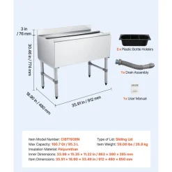 VEVOR Commercial Ice Bin, 100.7 Qt Max Capacity, 36 x 19 x 33 Inch Stainless Steel Ice Chest with Sliding Lid and Bottle Holders, Cooler Cart Cocktail Unit for Bar Restaurant Pub, NSF Certified