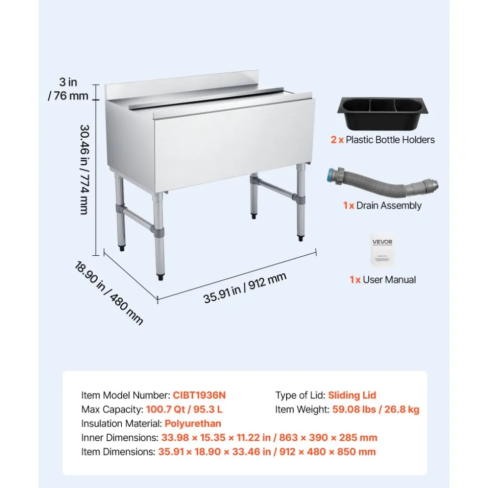 VEVOR Commercial Ice Bin, 100.7 Qt Max Capacity, 36 x 19 x 33 Inch Stainless Steel Ice Chest with Sliding Lid and Bottle Holders, Cooler Cart Cocktail Unit for Bar Restaurant Pub, NSF Certified