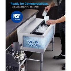 VEVOR Commercial Ice Bin, 100.7 Qt Max Capacity, 36 x 19 x 33 Inch Stainless Steel Ice Chest with Sliding Lid and Bottle Holders, Cooler Cart Cocktail Unit for Bar Restaurant Pub, NSF Certified