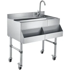 VEVOR Commercial Ice Bin with Sink & Faucet, 60 Qt Max Capacity, 24 x 19 x 35 Inch Stainless Steel Ice Chest with Sliding Lid and Bottle Holders, Cooler Cart Cocktail Unit for Bar Restaurant Pub
