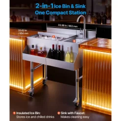 VEVOR Commercial Ice Bin with Sink & Faucet, 60 Qt Max Capacity, 24 x 19 x 35 Inch Stainless Steel Ice Chest with Sliding Lid and Bottle Holders, Cooler Cart Cocktail Unit for Bar Restaurant Pub