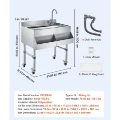 VEVOR Commercial Ice Bin with Sink & Faucet, 60 Qt Max Capacity, 24 x 19 x 35 Inch Stainless Steel Ice Chest with Sliding Lid and Bottle Holders, Cooler Cart Cocktail Unit for Bar Restaurant Pub