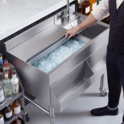 VEVOR Commercial Ice Bin with Sink & Faucet, 60 Qt Max Capacity, 24 x 19 x 35 Inch Stainless Steel Ice Chest with Sliding Lid and Bottle Holders, Cooler Cart Cocktail Unit for Bar Restaurant Pub