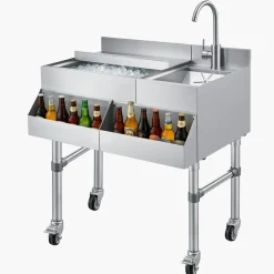 VEVOR Commercial Ice Bin with Sink & Faucet, 60 Qt Max Capacity, 24 x 19 x 35 Inch Stainless Steel Ice Chest with Sliding Lid and Bottle Holders, Cooler Cart Cocktail Unit for Bar Restaurant Pub