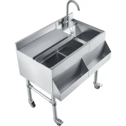 VEVOR Commercial Ice Bin with Sink & Faucet, 60 Qt Max Capacity, 24 x 19 x 35 Inch Stainless Steel Ice Chest with Sliding Lid and Bottle Holders, Cooler Cart Cocktail Unit for Bar Restaurant Pub