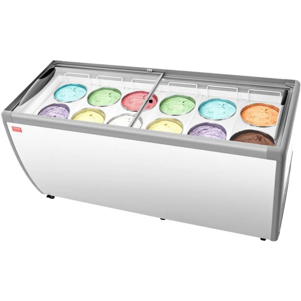 VEVOR Commercial Ice Cream Display Case, 20 Cu.ft Chest Freezer, Restaurant Gelato Dipping Cabinet Top Deep Freezer with Locking Casters, Sliding Glass Door, LED Lighting, Hold 12 Ice Cream Tubs