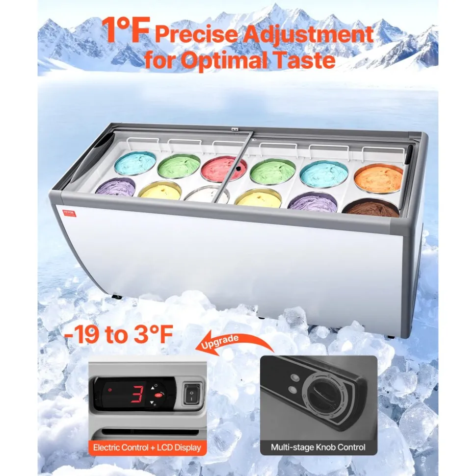 VEVOR Commercial Ice Cream Display Case, 20 Cu.ft Chest Freezer, Restaurant Gelato Dipping Cabinet Top Deep Freezer with Locking Casters, Sliding Glass Door, LED Lighting, Hold 12 Ice Cream Tubs