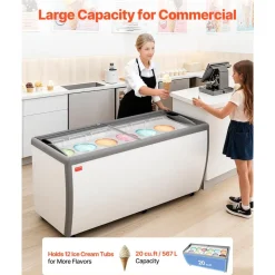 VEVOR Commercial Ice Cream Display Case, 20 Cu.ft Chest Freezer, Restaurant Gelato Dipping Cabinet Top Deep Freezer with Locking Casters, Sliding Glass Door, LED Lighting, Hold 12 Ice Cream Tubs