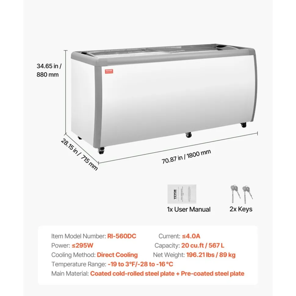 VEVOR Commercial Ice Cream Display Case, 20 Cu.ft Chest Freezer, Restaurant Gelato Dipping Cabinet Top Deep Freezer with Locking Casters, Sliding Glass Door, LED Lighting, Hold 12 Ice Cream Tubs