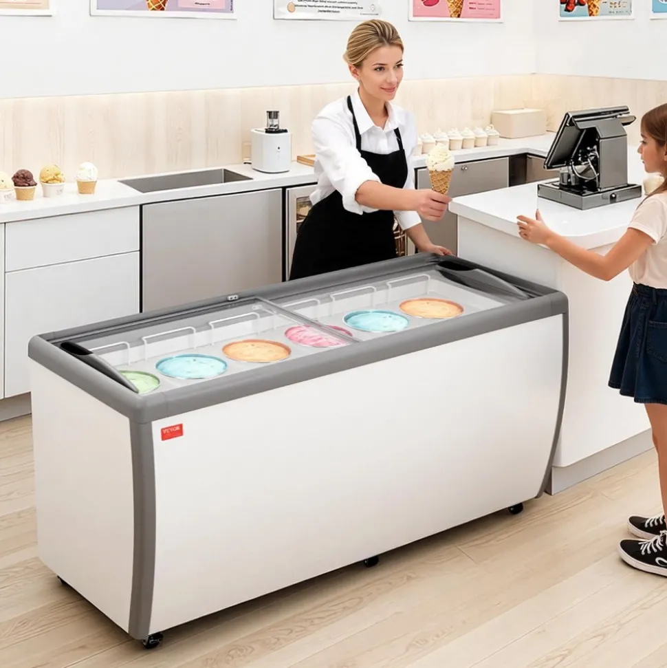 VEVOR Commercial Ice Cream Display Case, 20 Cu.ft Chest Freezer, Restaurant Gelato Dipping Cabinet Top Deep Freezer with Locking Casters, Sliding Glass Door, LED Lighting, Hold 12 Ice Cream Tubs