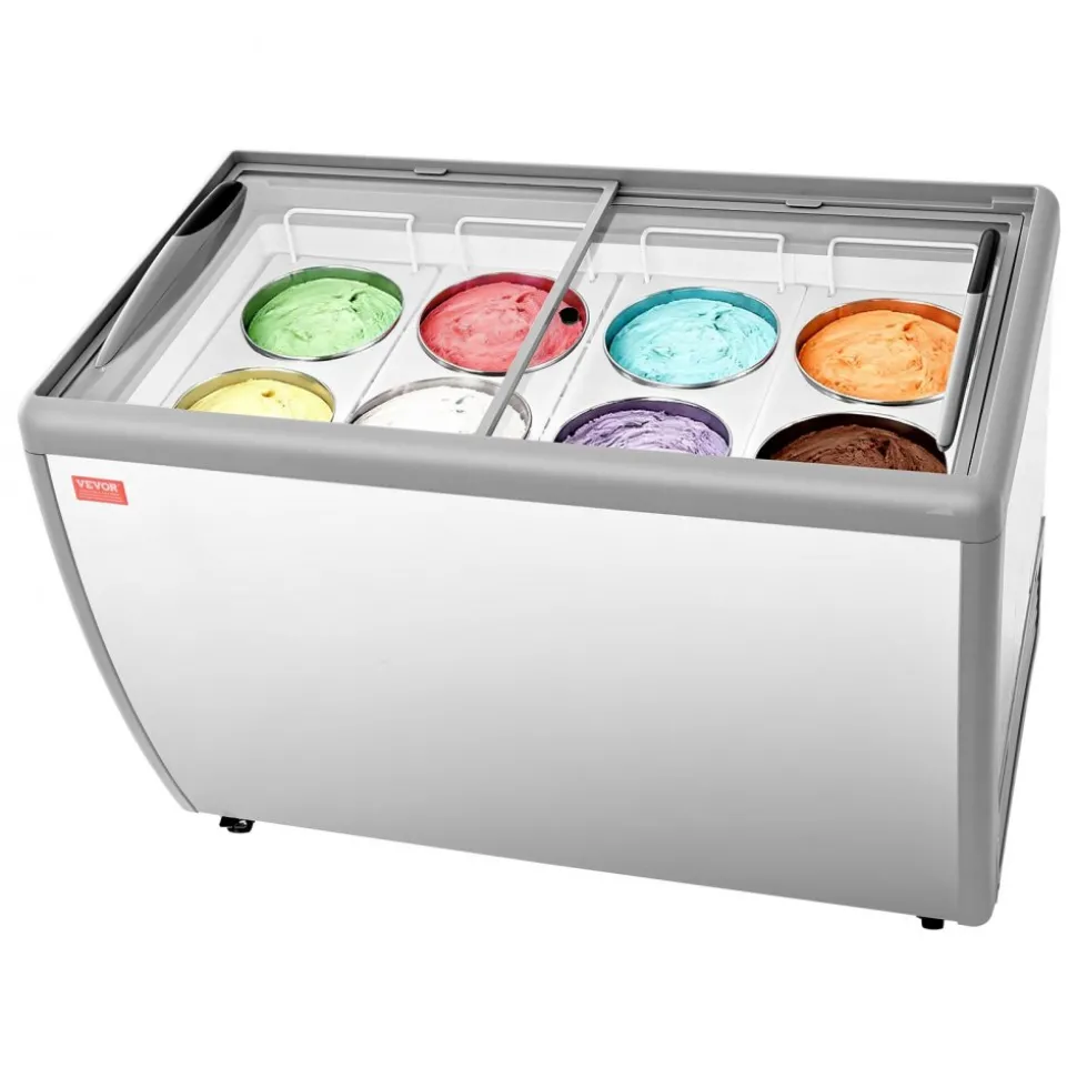VEVOR Commercial Ice Cream Display Case, 13.1 Cu.ft Chest Freezer, Restaurant Gelato Dipping Cabinet Top Deep Freezer with Locking Casters, Sliding Glass Door, LED Lighting, Hold 8 Ice Cream Tubs
