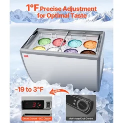 VEVOR Commercial Ice Cream Display Case, 13.1 Cu.ft Chest Freezer, Restaurant Gelato Dipping Cabinet Top Deep Freezer with Locking Casters, Sliding Glass Door, LED Lighting, Hold 8 Ice Cream Tubs