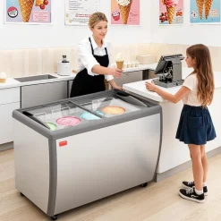 VEVOR Commercial Ice Cream Display Case, 13.1 Cu.ft Chest Freezer, Restaurant Gelato Dipping Cabinet Top Deep Freezer with Locking Casters, Sliding Glass Door, LED Lighting, Hold 8 Ice Cream Tubs