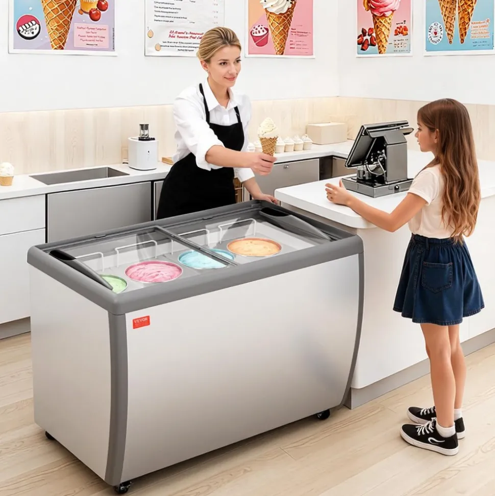 VEVOR Commercial Ice Cream Display Case, 13.1 Cu.ft Chest Freezer, Restaurant Gelato Dipping Cabinet Top Deep Freezer with Locking Casters, Sliding Glass Door, LED Lighting, Hold 8 Ice Cream Tubs