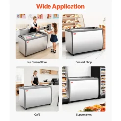VEVOR Commercial Ice Cream Display Case, 13.1 Cu.ft Chest Freezer, Restaurant Gelato Dipping Cabinet Top Deep Freezer with Locking Casters, Sliding Glass Door, LED Lighting, Hold 8 Ice Cream Tubs