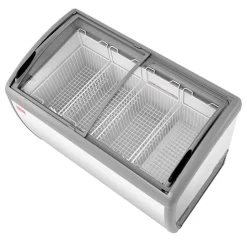 VEVOR Commercial Ice Cream Display Case, 12.8 Cu.ft Chest Freezer, -19 to 3℉ Temp Adjustable Mobile Top Deep Freezer with 4 Wire Baskets, 2 Sliding Glass Doors, Locking Casters & LED Strip Lighting
