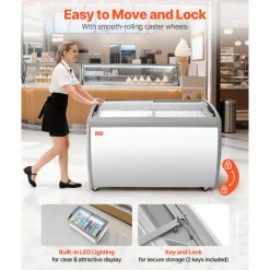 VEVOR Commercial Ice Cream Display Case, 12.8 Cu.ft Chest Freezer, -19 to 3℉ Temp Adjustable Mobile Top Deep Freezer with 4 Wire Baskets, 2 Sliding Glass Doors, Locking Casters & LED Strip Lighting