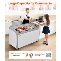 VEVOR Commercial Ice Cream Display Case, 12.8 Cu.ft Chest Freezer, -19 to 3℉ Temp Adjustable Mobile Top Deep Freezer with 4 Wire Baskets, 2 Sliding Glass Doors, Locking Casters & LED Strip Lighting