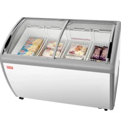 VEVOR Commercial Ice Cream Display Case, 12.8 Cu.ft Chest Freezer, -19 to 3℉ Temp Adjustable Mobile Top Deep Freezer with 4 Wire Baskets, 2 Sliding Glass Doors, Locking Casters & LED Strip Lighting