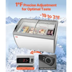 VEVOR Commercial Ice Cream Display Case, 12.8 Cu.ft Chest Freezer, -19 to 3℉ Temp Adjustable Mobile Top Deep Freezer with 4 Wire Baskets, 2 Sliding Glass Doors, Locking Casters & LED Strip Lighting
