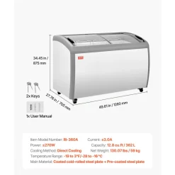 VEVOR Commercial Ice Cream Display Case, 12.8 Cu.ft Chest Freezer, -19 to 3℉ Temp Adjustable Mobile Top Deep Freezer with 4 Wire Baskets, 2 Sliding Glass Doors, Locking Casters & LED Strip Lighting