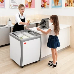 VEVOR Commercial Ice Cream Display Case, 5.6 Cu.ft Chest Freezer, Restaurant Gelato Dipping Cabinet Top Deep Freezer with Locking Casters, Sliding Glass Door, LED Lighting, Hold 4 Ice Cream Tubs