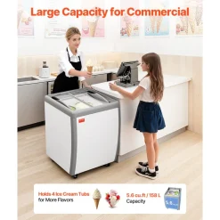 VEVOR Commercial Ice Cream Display Case, 5.6 Cu.ft Chest Freezer, Restaurant Gelato Dipping Cabinet Top Deep Freezer with Locking Casters, Sliding Glass Door, LED Lighting, Hold 4 Ice Cream Tubs