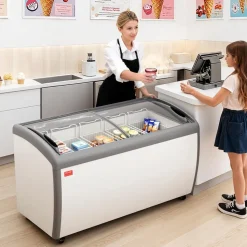 VEVOR Commercial Ice Cream Display Case, 16.3 Cu.ft Chest Freezer, -19 to 3℉ Temp Adjustable Mobile Top Deep Freezer with 5 Wire Baskets, 2 Sliding Glass Doors, Locking Casters & LED Strip Lighting