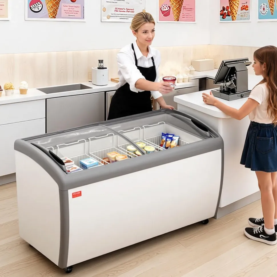 VEVOR Commercial Ice Cream Display Case, 16.3 Cu.ft Chest Freezer, -19 to 3℉ Temp Adjustable Mobile Top Deep Freezer with 5 Wire Baskets, 2 Sliding Glass Doors, Locking Casters & LED Strip Lighting