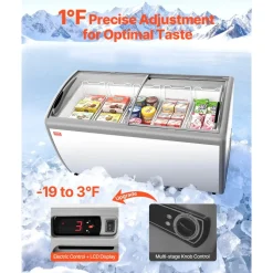 VEVOR Commercial Ice Cream Display Case, 16.3 Cu.ft Chest Freezer, -19 to 3℉ Temp Adjustable Mobile Top Deep Freezer with 5 Wire Baskets, 2 Sliding Glass Doors, Locking Casters & LED Strip Lighting