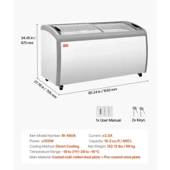 VEVOR Commercial Ice Cream Display Case, 16.3 Cu.ft Chest Freezer, -19 to 3℉ Temp Adjustable Mobile Top Deep Freezer with 5 Wire Baskets, 2 Sliding Glass Doors, Locking Casters & LED Strip Lighting