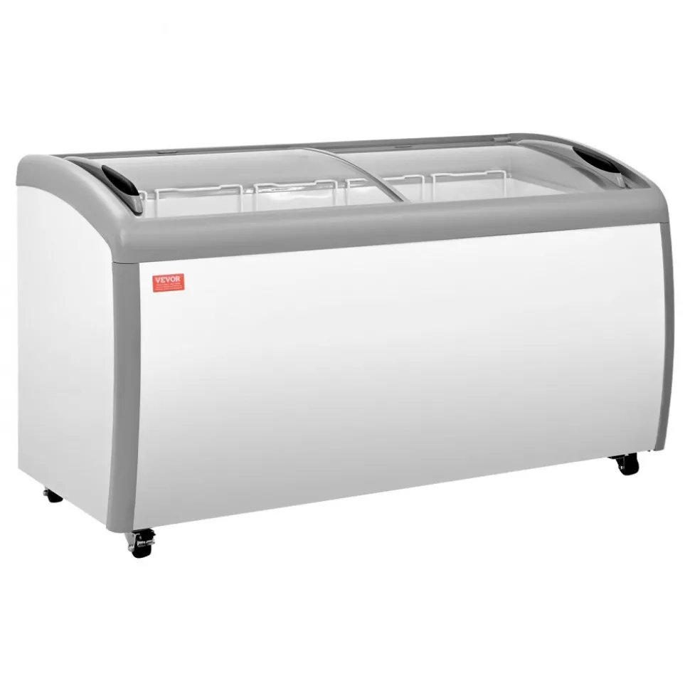 VEVOR Commercial Ice Cream Display Case, 16.3 Cu.ft Chest Freezer, -19 to 3℉ Temp Adjustable Mobile Top Deep Freezer with 5 Wire Baskets, 2 Sliding Glass Doors, Locking Casters & LED Strip Lighting