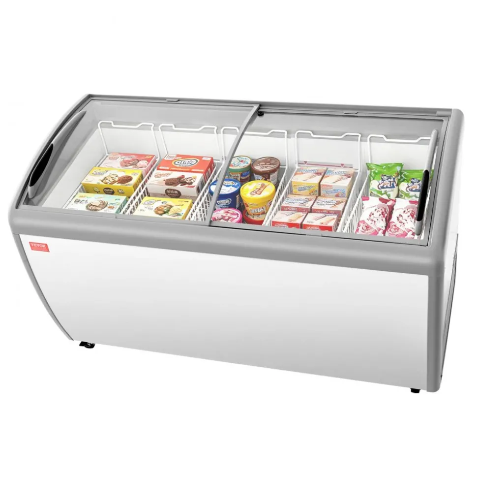 VEVOR Commercial Ice Cream Display Case, 16.3 Cu.ft Chest Freezer, -19 to 3℉ Temp Adjustable Mobile Top Deep Freezer with 5 Wire Baskets, 2 Sliding Glass Doors, Locking Casters & LED Strip Lighting