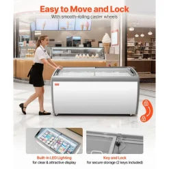 VEVOR Commercial Ice Cream Display Case, 16.3 Cu.ft Chest Freezer, -19 to 3℉ Temp Adjustable Mobile Top Deep Freezer with 5 Wire Baskets, 2 Sliding Glass Doors, Locking Casters & LED Strip Lighting