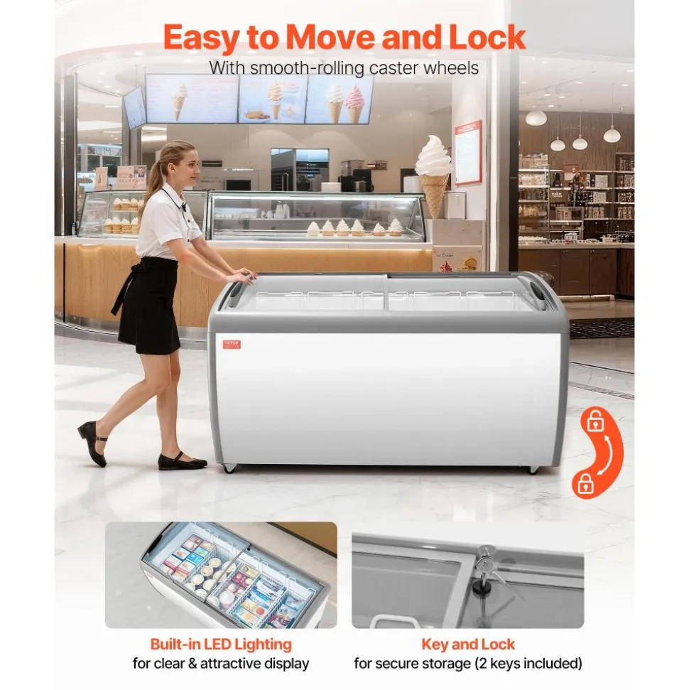 VEVOR Commercial Ice Cream Display Case, 16.3 Cu.ft Chest Freezer, -19 to 3℉ Temp Adjustable Mobile Top Deep Freezer with 5 Wire Baskets, 2 Sliding Glass Doors, Locking Casters & LED Strip Lighting