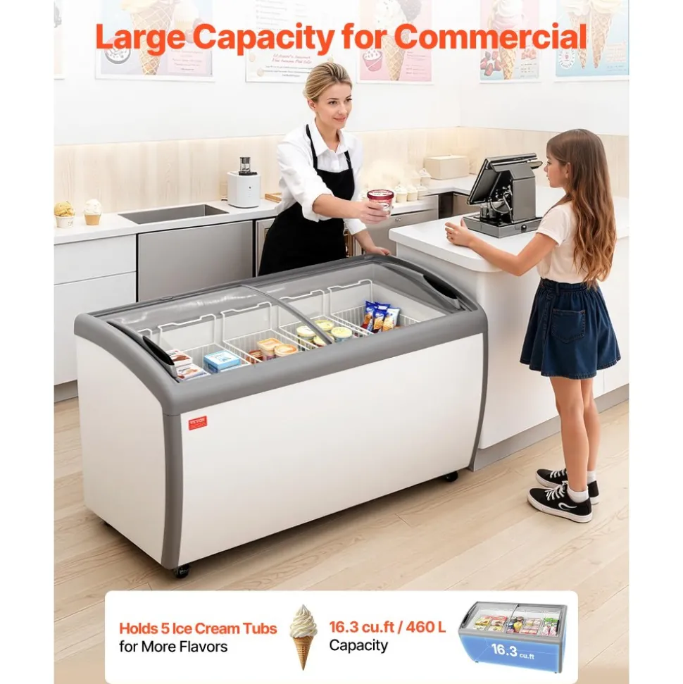 VEVOR Commercial Ice Cream Display Case, 16.3 Cu.ft Chest Freezer, -19 to 3℉ Temp Adjustable Mobile Top Deep Freezer with 5 Wire Baskets, 2 Sliding Glass Doors, Locking Casters & LED Strip Lighting