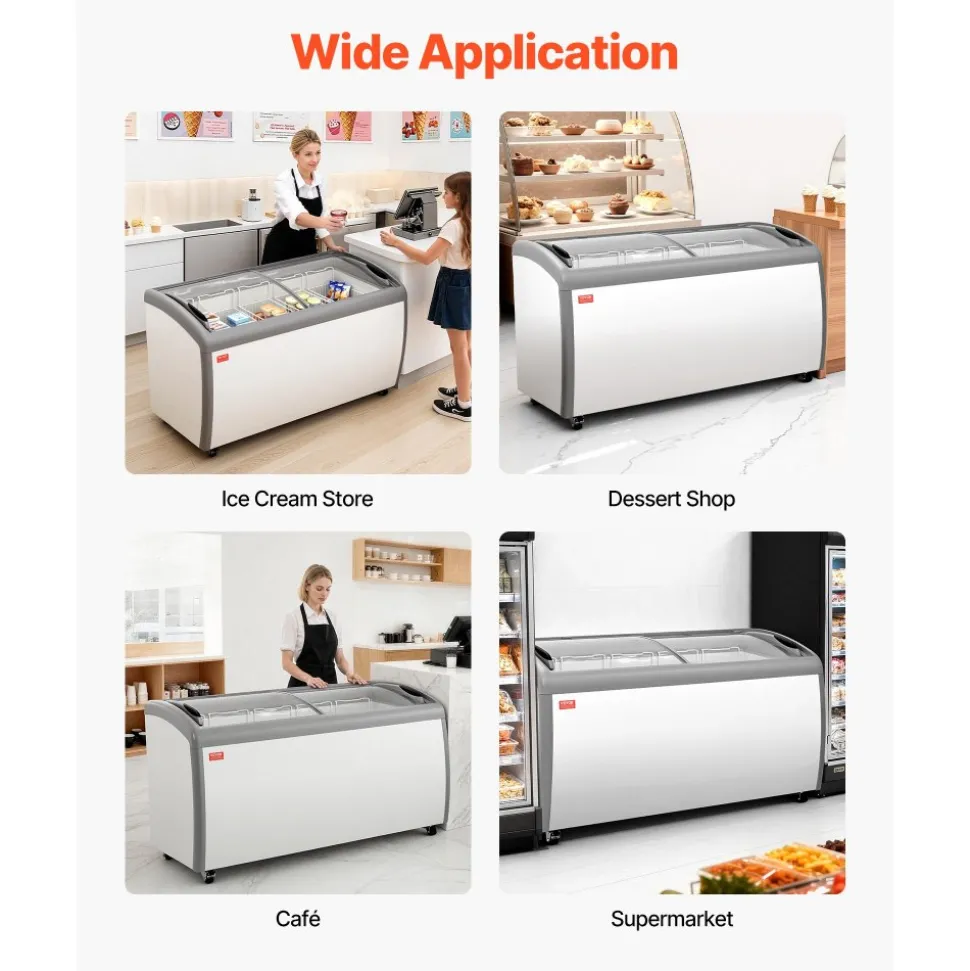 VEVOR Commercial Ice Cream Display Case, 16.3 Cu.ft Chest Freezer, -19 to 3℉ Temp Adjustable Mobile Top Deep Freezer with 5 Wire Baskets, 2 Sliding Glass Doors, Locking Casters & LED Strip Lighting