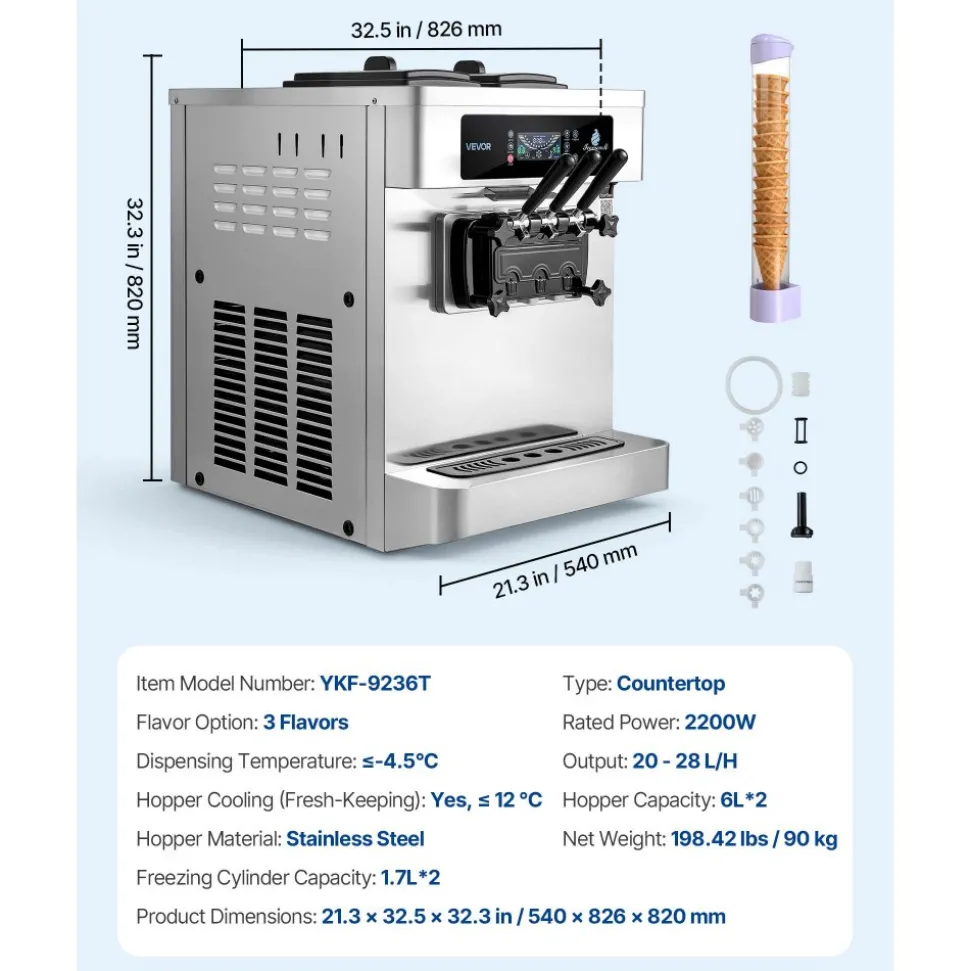 VEVOR Commercial Ice Cream Machine, 20-28L/H Yield, 2200W 3-Flavor Countertop Soft Serve Ice Cream Maker with 2 x 6L Hoppers & Built-In Puffing Pump, Pre-Cooling Low-Mix Alert for Snack Dessert Shops